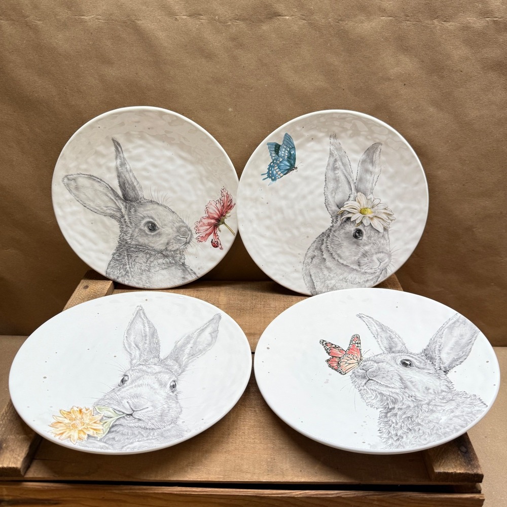 Pier 1 Hello Spring Bunny Rabbit Salad Plates Set of 4 Earthenware 8.7in Box